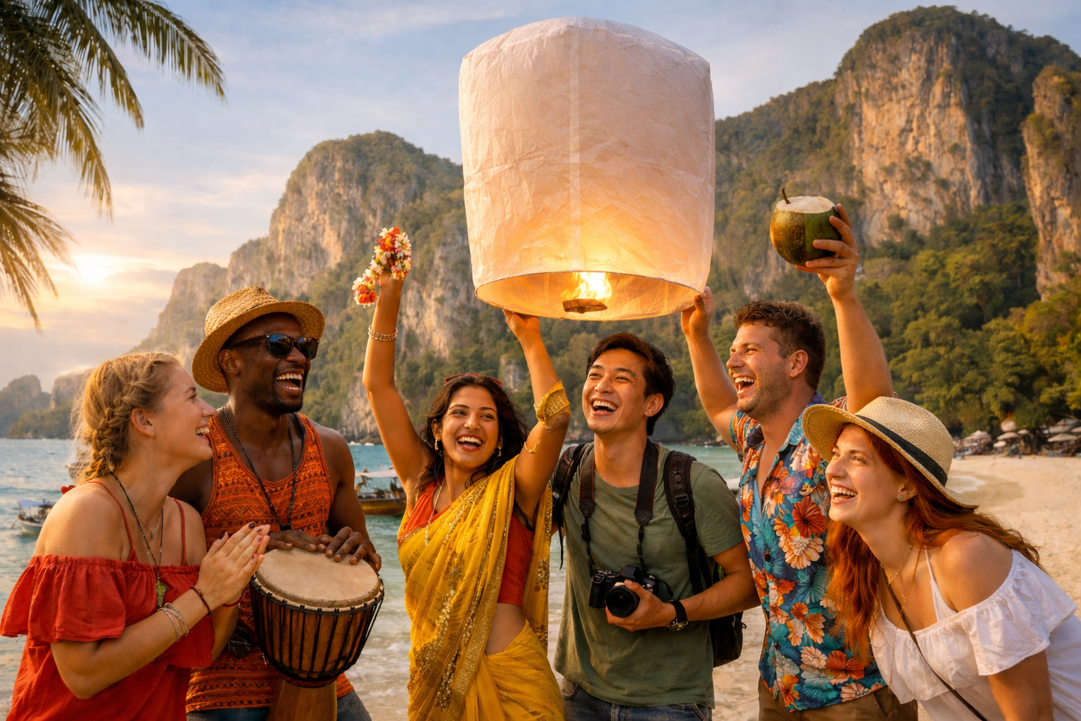 Travelers celebrating on a tropical beach with a lantern
